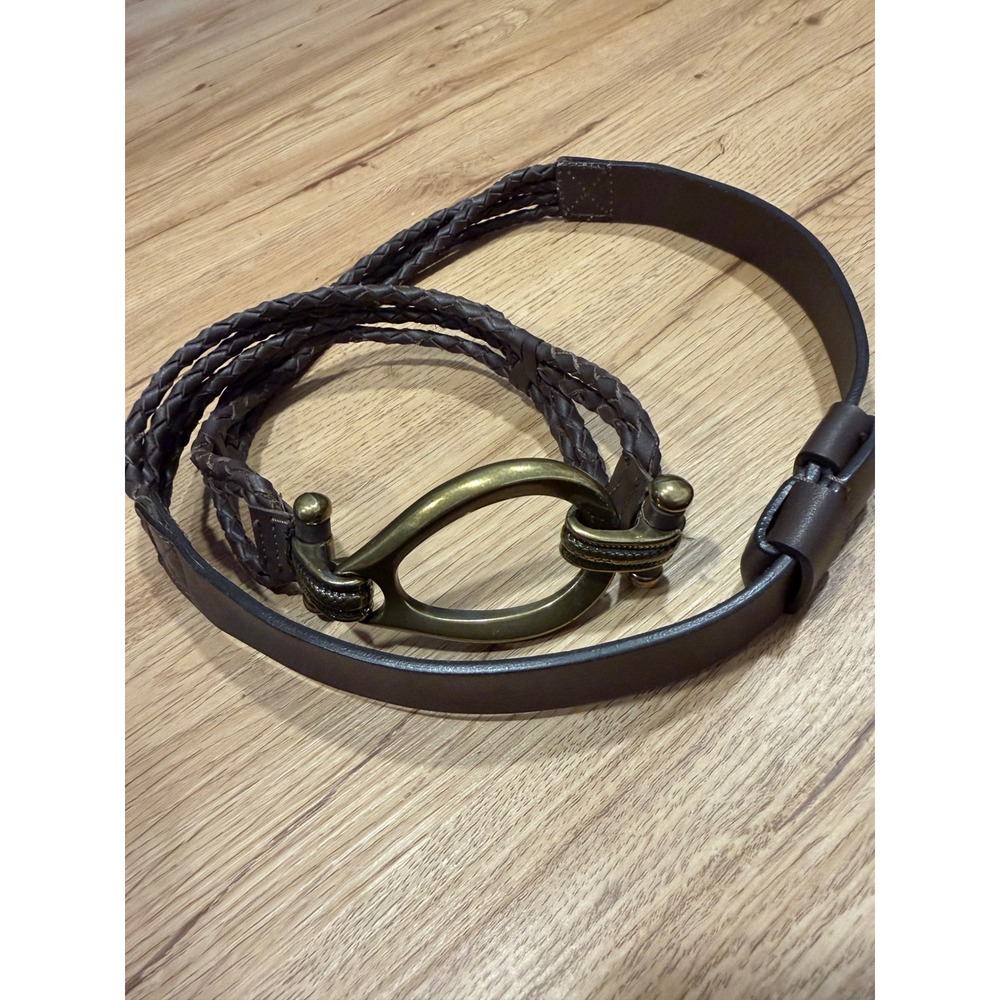 Vintage Brown Braided Leather Belt Antique Brass Hook Buckle Boho Western 43in